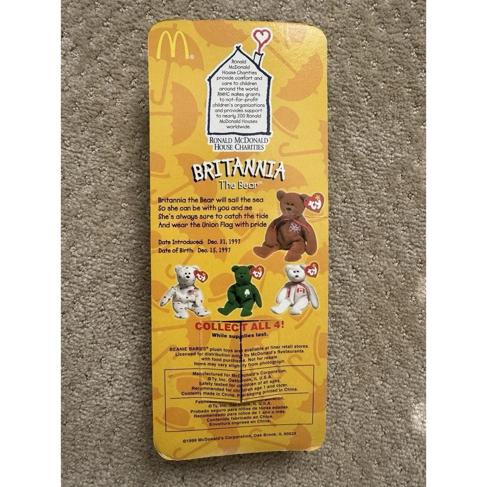 BRITANNIA THE BEAR TY McDonalds Teenie Beanie 1999 Tag Errors Collectible-Rare